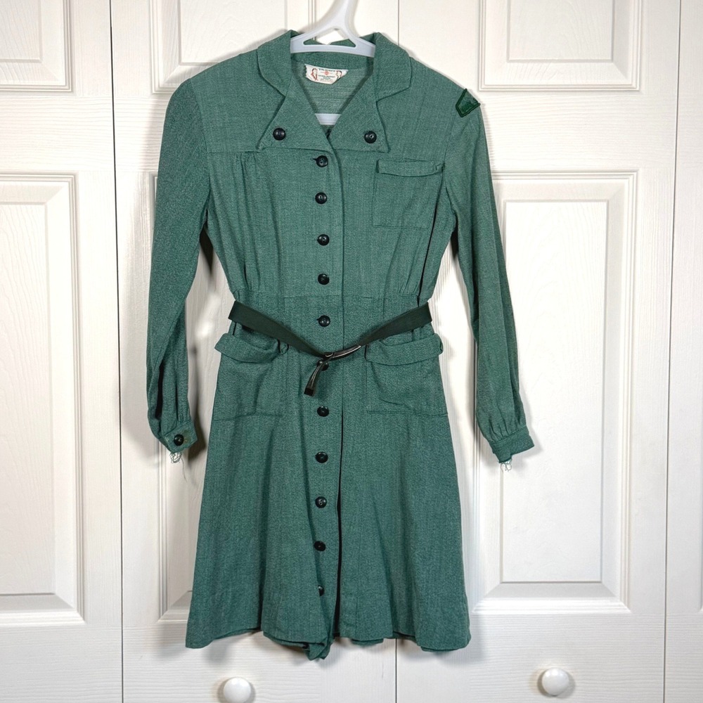 Vintage 40s Girl Scouts USA Official Uniform Dress Green Belted Long Sleeve Kids